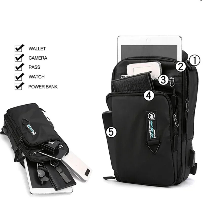 Férfi Nylon vízálló telefon USB hátizsák Kis Crossbody Sling táska Hátsó csomag Egy vállon keresztezett iskolatáska Man Mochila számára