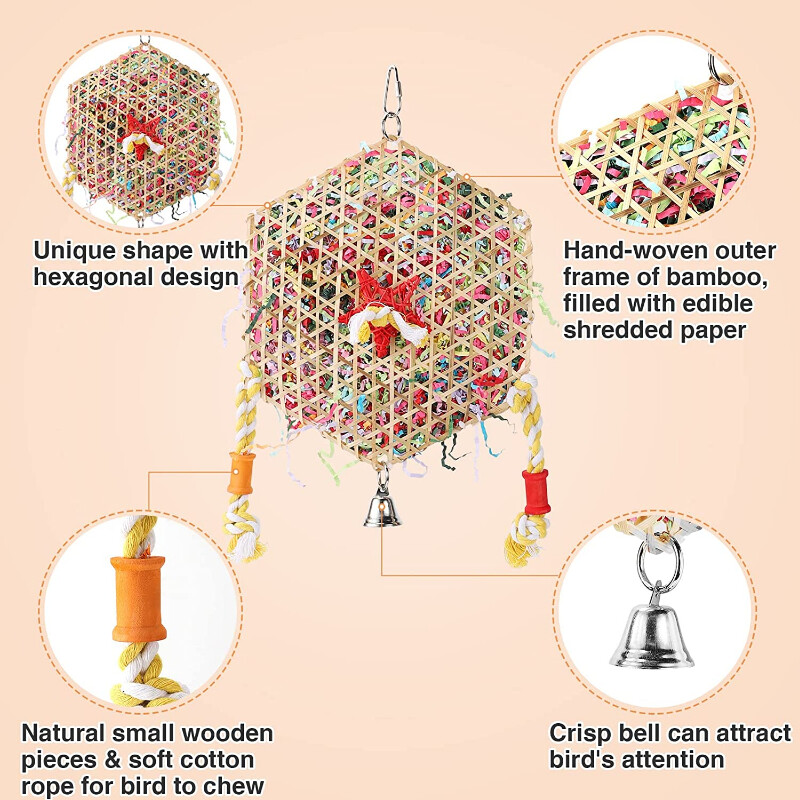 1 DB Papagáj harapás játékok Hegymászó Táplálékszerző Madarak Rágójáték Színes Papír Aprító Bambusz szőtt Szerelmesmadarak Kakasok Budgies