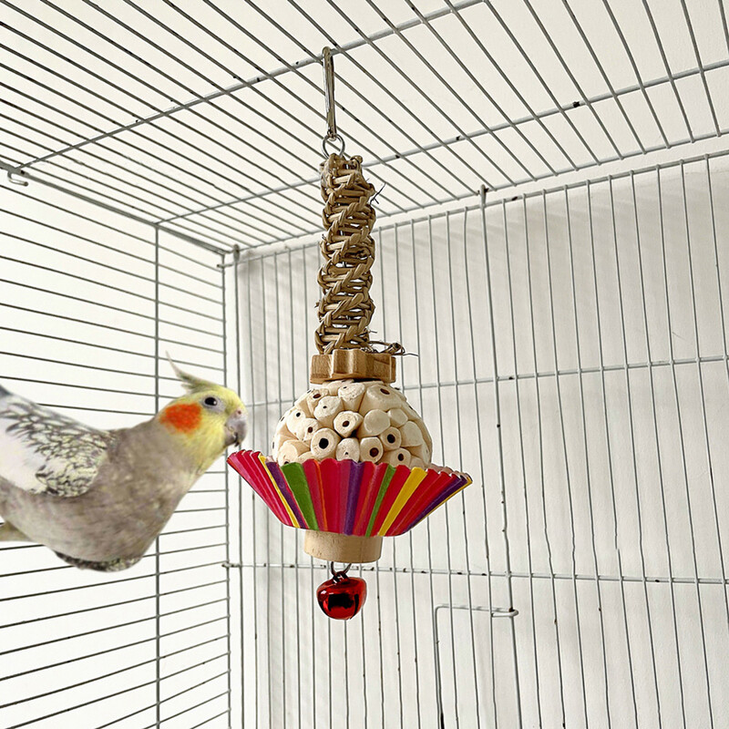Дъвчащи пръчици за птици Играчки със звънец, Естествени дървени блокове Висящи играчки за папагали Аксесоари за клетки за папагали, папагали Корели