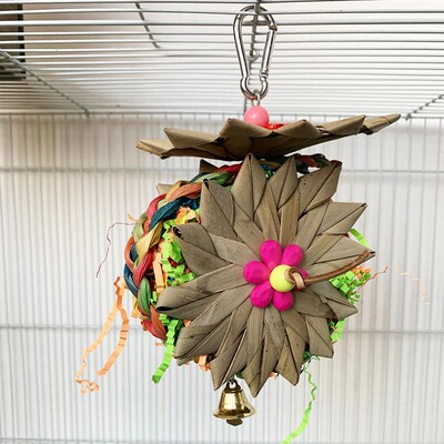 Papūgos kabantys kramtomieji žaislai su natūralių palmių lapų rotango rutuliais, susmulkintais pašarų ieškojimo žaislas mažiems vidutiniams papūgos paukščiams