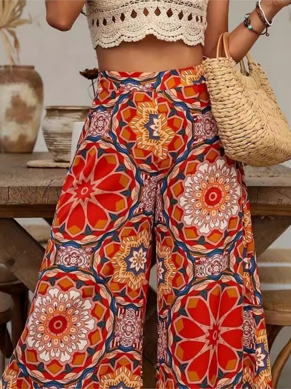 Letné nové nohavice s vysokým pásom a potlačou, široké nohavice, ležérne, dámske módne elegantné voľné, nové dlhé nohavice