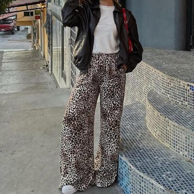 Μόδα Vintage Leopard Print Παντελόνι με φαρδύ πόδι Γυναικεία καθημερινή ψηλόμεση παντελόνα 2024 Άνοιξη Καλοκαίρι Γραφείο Γυναικεία ρούχα Streetwear