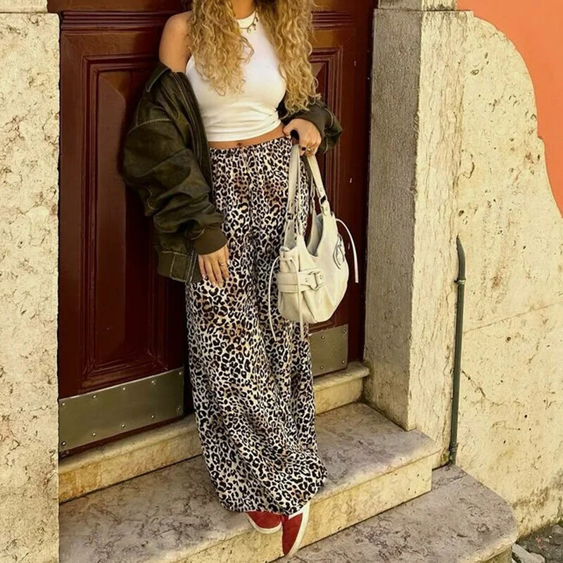 Pantaloni largi cu imprimeu de leopard de epocă, pantaloni casual pentru femei, pantaloni cu talie înaltă, primăvară vară 2024, haine de birou, îmbrăcăminte de stradă