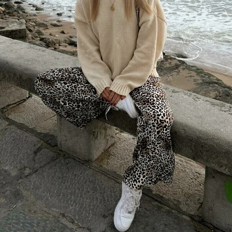 Pantaloni largi cu imprimeu de leopard de epocă, pantaloni casual pentru femei, pantaloni cu talie înaltă, primăvară vară 2024, haine de birou, îmbrăcăminte de stradă