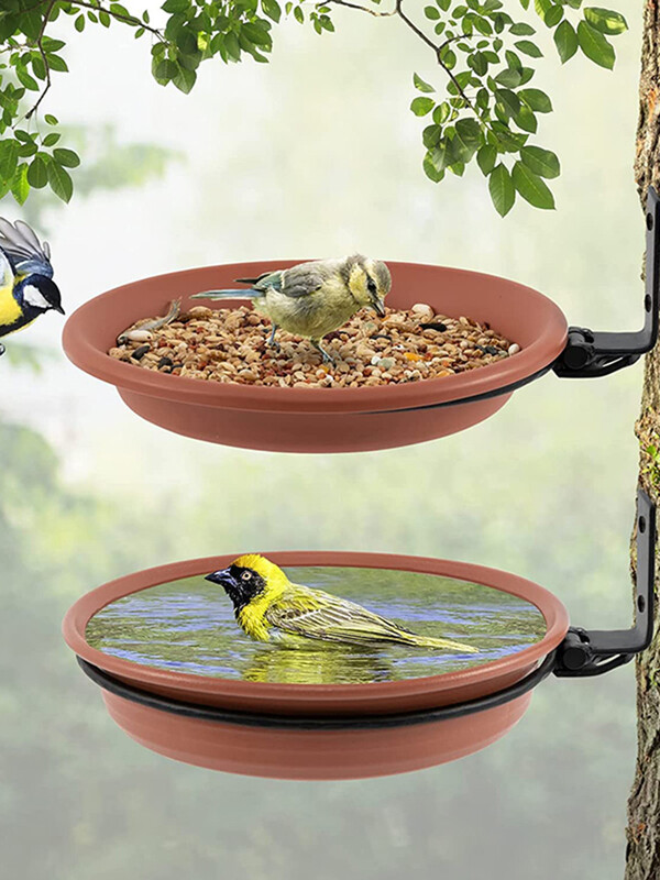 2 pladnja za ptice Montirana na stablo za hranilicu za ptice Posuda za kupanje ptica, postavljena na drvenu ogradu Zidna paluba stabla Kočići s teškim željezom