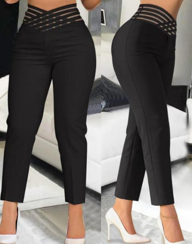 Elegantné dámske nohavice s vysokým pásom, rozšírené, kancelárske, ležérne, krížom cez hlavu, priehľadné sieťované nohavice so sieťovanými záplatami, ležérne nohavice s dámskym oblečením