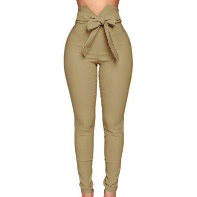 Elegáns hölgy egyszínű, magas derekú masnis öv rugalmas női ceruzanadrág nadrág derék masnis öv elasztikus karcsúsított ceruzanadrág