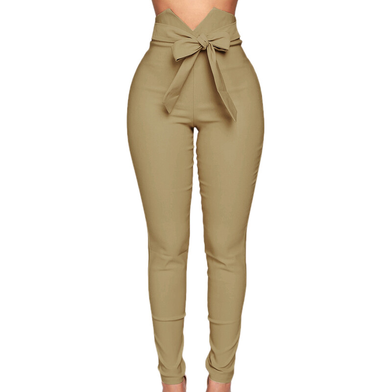 Elegáns hölgy egyszínű, magas derekú masnis öv rugalmas női ceruzanadrág nadrág derék masnis öv elasztikus karcsúsított ceruzanadrág