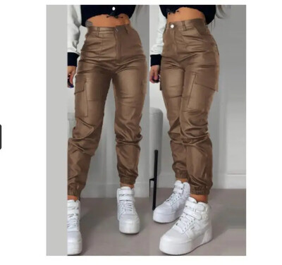 Dámske cargo nohavice, módne pouličné trendy, vreckový dizajn, manžety, úzke PU kožené nohavice, jesenné nohavice s vysokým pásom