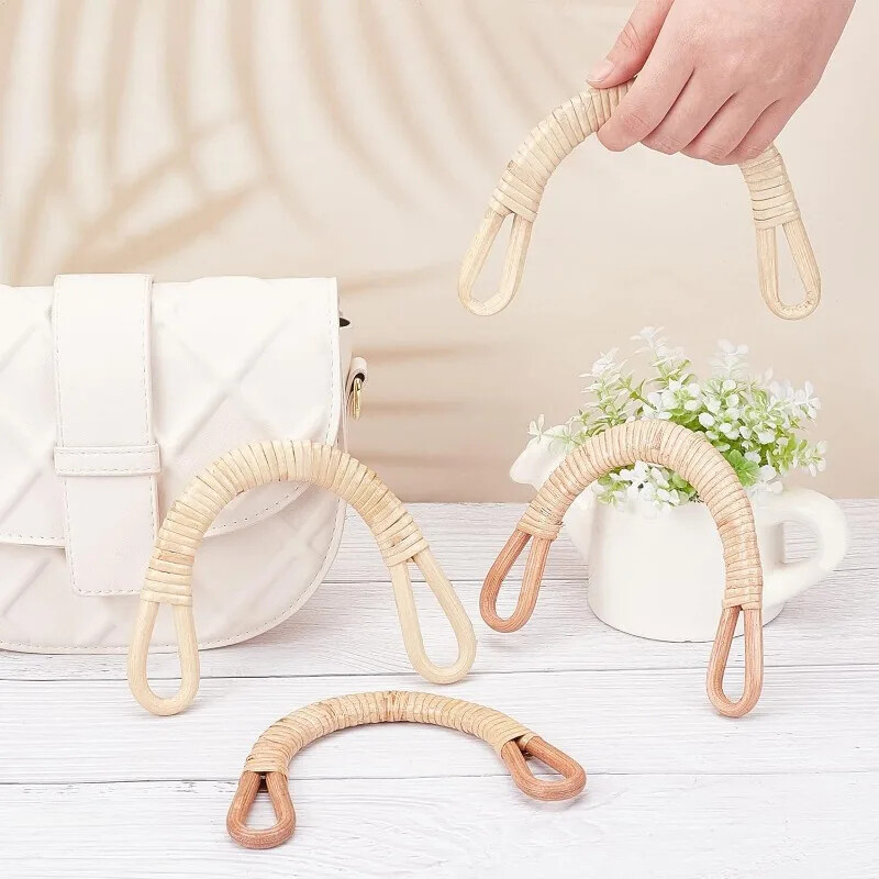 2db természetes rattan szövött táska fogantyúk pénztárcához Könnyen felszerelhető lyukakkal Fogantyúcsere Kézitáska DIY pénztárca tartozék