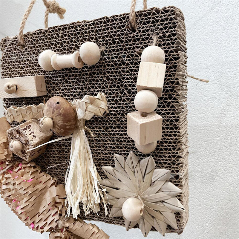 Paukščių kabantys žaislai Maitinimosi papūga žaislas su riešutmedžio trinkelėmis palmės kukurūzų lapeliais, paukščių medinio narvelio priedai, skirti papūgai