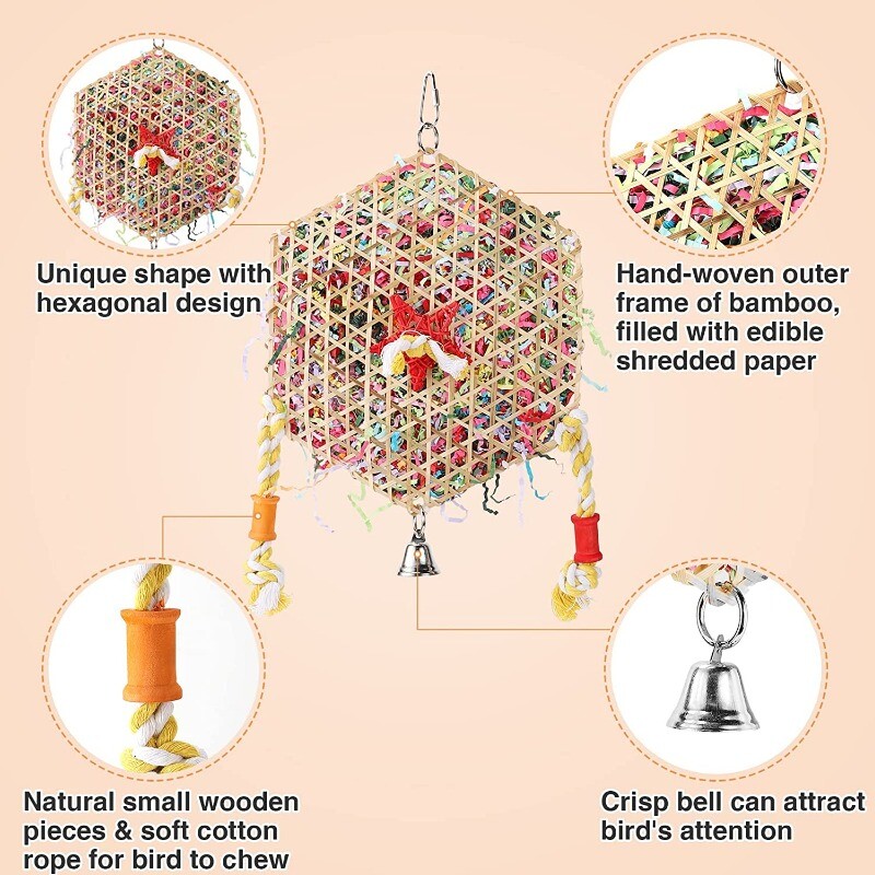 1 vnt Papūgos įkandimo žaislai Laipiojantys besimaitinantys paukščiai kramtomieji žaislai, spalvoto popieriaus smulkintuvas, bambukas, austas meilės paukščiams.