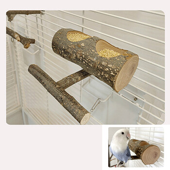 Bird Natural Wood Feeder with Perches Stand Παπαγάλος Ξύλινη Διπλή Τρύπα Μπολ Τροφίμων Birds Cage Stand Διακόσμηση για Macaws Cockatoo