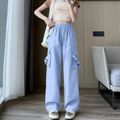 Pantaloni cargo roz, cu talie înaltă, care slăbesc, Pantaloni lungi cu picioare drepte, casual, pentru femei, în stil american, Versiune subțire la modă de vară