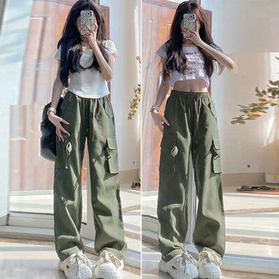 Pantaloni cargo roz, cu talie înaltă, care slăbesc, Pantaloni lungi cu picioare drepte, casual, pentru femei, în stil american, Versiune subțire la modă de vară
