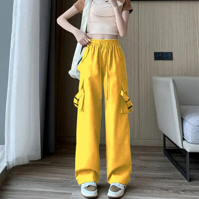 Pantaloni cargo roz, cu talie înaltă, care slăbesc, Pantaloni lungi cu picioare drepte, casual, pentru femei, în stil american, Versiune subțire la modă de vară