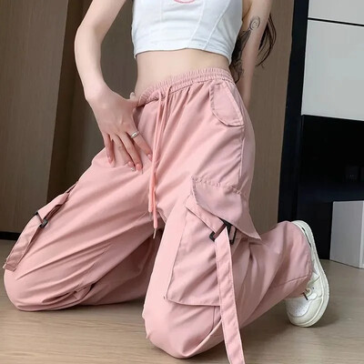 Pantaloni cargo roz, cu talie înaltă, care slăbesc, Pantaloni lungi cu picioare drepte, casual, pentru femei, în stil american, Versiune subțire la modă de vară