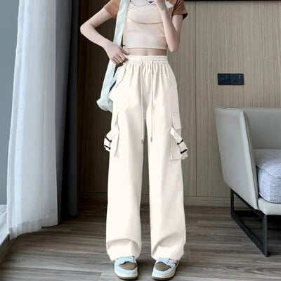 Pantaloni cargo roz, cu talie înaltă, care slăbesc, Pantaloni lungi cu picioare drepte, casual, pentru femei, în stil american, Versiune subțire la modă de vară