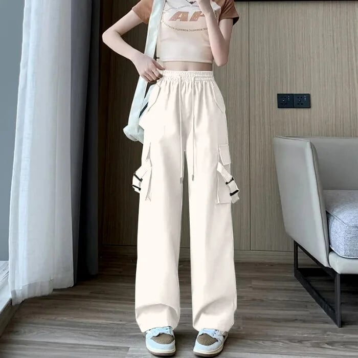 Pantaloni cargo roz, cu talie înaltă, care slăbesc, Pantaloni lungi cu picioare drepte, casual, pentru femei, în stil american, Versiune subțire la modă de vară