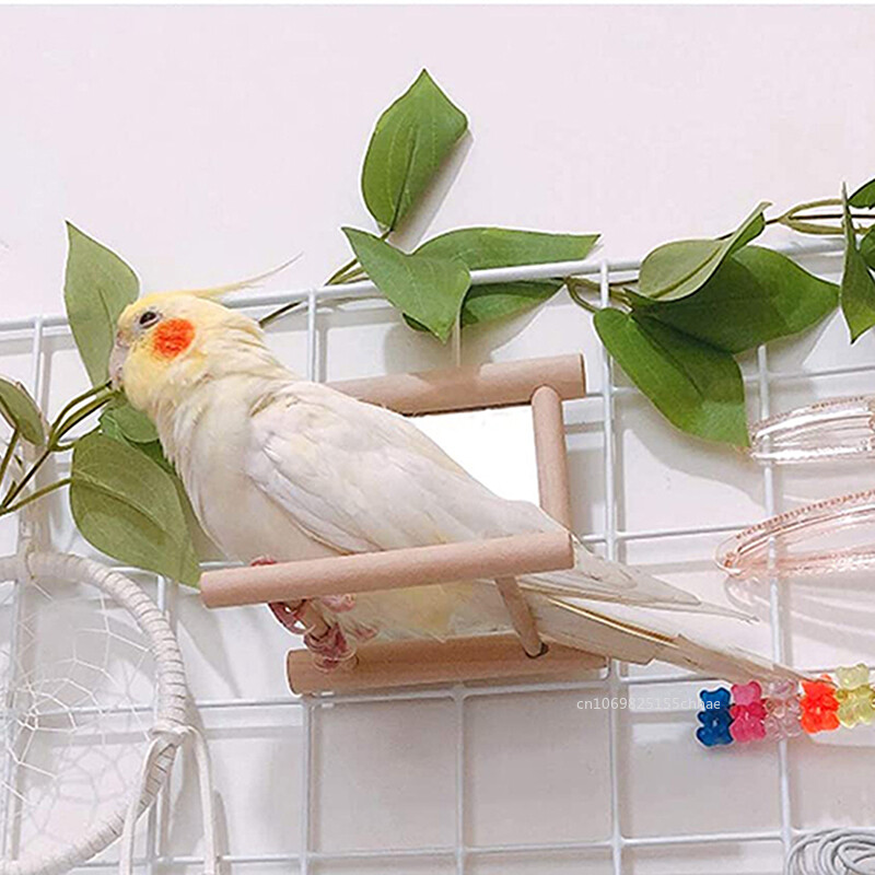Drevená vtáčia zrkadlová hračka so stojanom na bidlo pre papagája, andulku, andulku, korelu, conure finch, lovebird, kanárik, ara, kakadu.