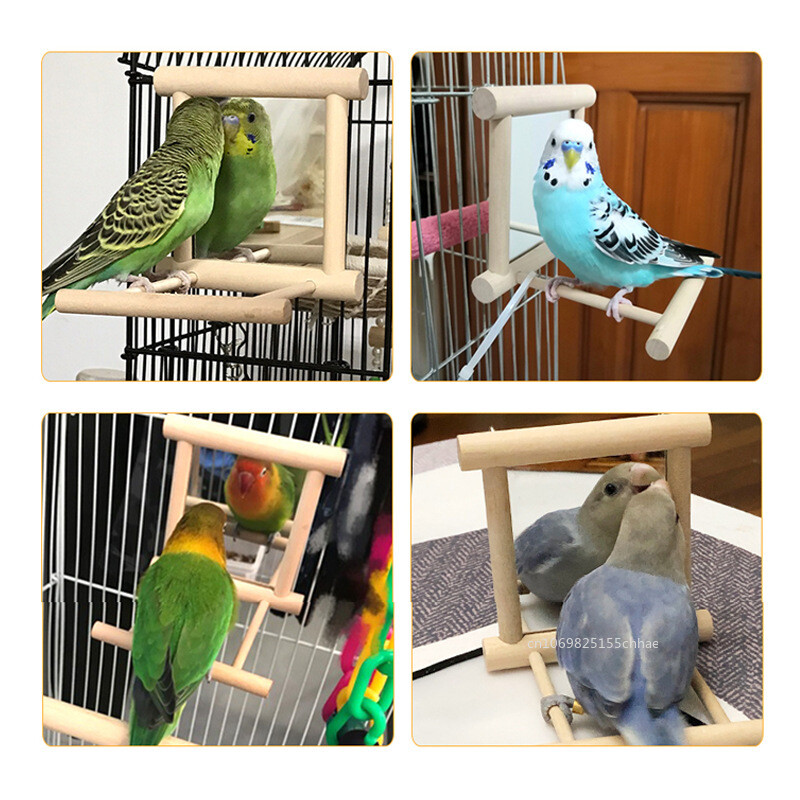 Drevená vtáčia zrkadlová hračka so stojanom na bidlo pre papagája, andulku, andulku, korelu, conure finch, lovebird, kanárik, ara, kakadu.