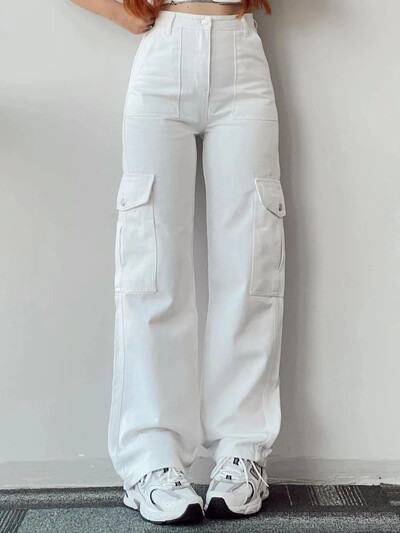Dámske vintage cargo nohavice Y2K, streetwear, techwear, kórejské, Harajuku, padákové nohavice, béžové tepláky, široké nohavice, joggers