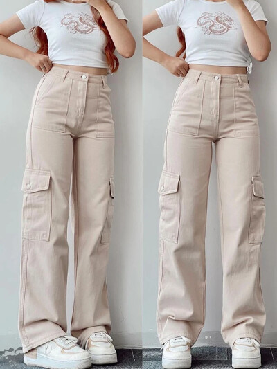 Dámske vintage cargo nohavice Y2K, streetwear, techwear, kórejské, Harajuku, padákové nohavice, béžové tepláky, široké nohavice, joggers