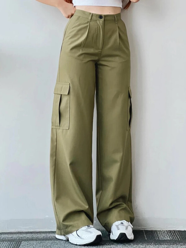 Dámske vintage cargo nohavice Y2K, streetwear, techwear, kórejské, Harajuku, padákové nohavice, béžové tepláky, široké nohavice, joggers