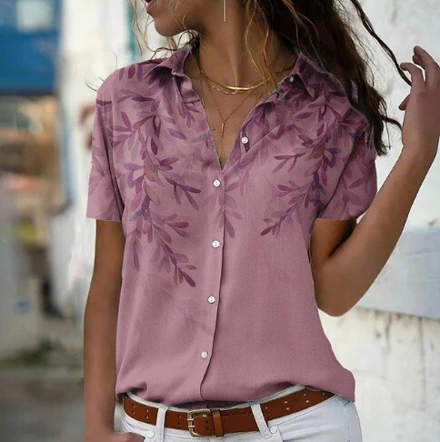 Новата елегантна, украсена с цветя 3D дигитален печат темпераментна дамска свободна дамска риза с ревер