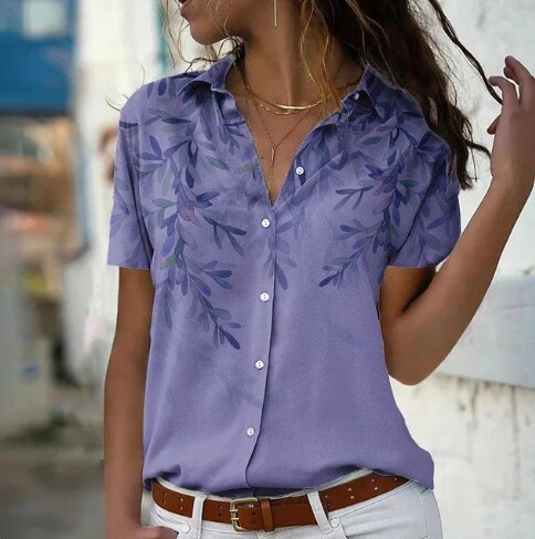 Новата елегантна, украсена с цветя 3D дигитален печат темпераментна дамска свободна дамска риза с ревер