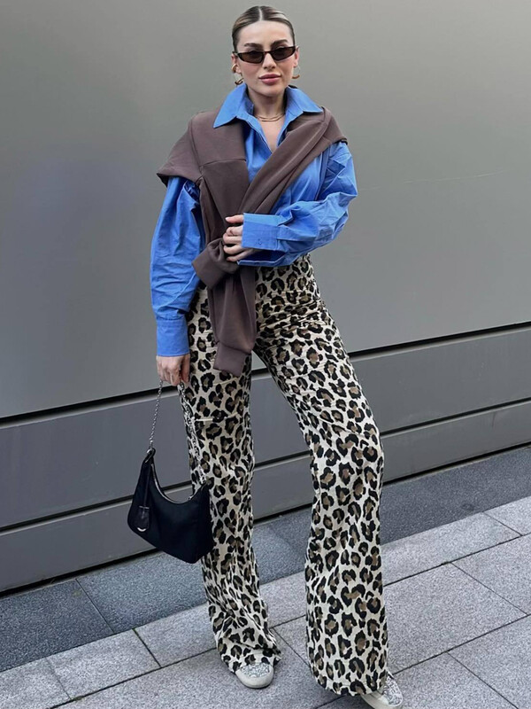 Y2K TRAF divatos leopárdmintás női nadrág 2024 magas derekú, bő elülső cipzáras légy széles szárú hosszú nadrág Lady Vintage új nadrágban