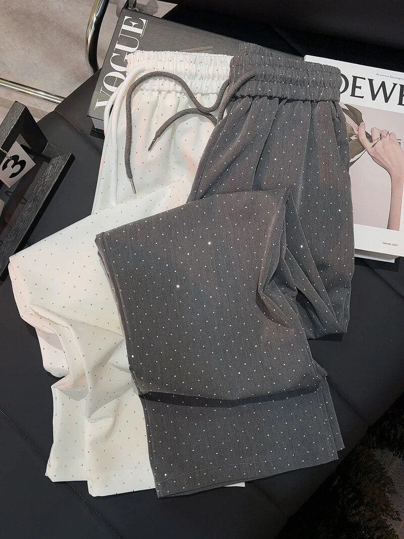 Dámske nohavice so širokými nohavicami, nové módne, elastické, s korálkami v páse, voľné rovné nohavice, dámske ležérne streetwear