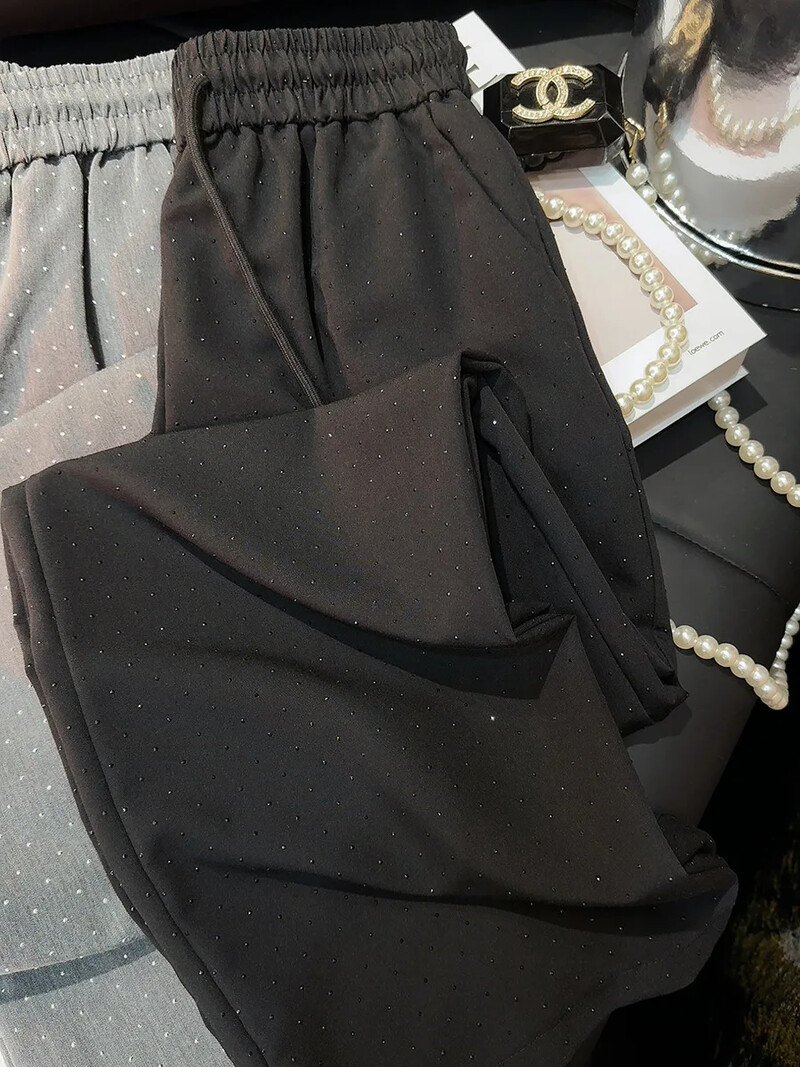Dámske nohavice so širokými nohavicami, nové módne, elastické, s korálkami v páse, voľné rovné nohavice, dámske ležérne streetwear