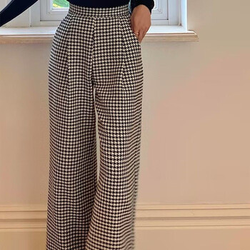 Γυναικείο χειμώνα Vintage Classic Houndstooth μάλλινο ύφασμα ίσιο φαρδύ παντελόνι Κομψό γραφείο Γυναικείο ψηλόμεσο φαρδύ παντελόνι