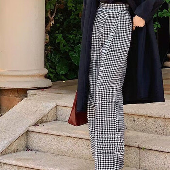 Γυναικείο χειμώνα Vintage Classic Houndstooth μάλλινο ύφασμα ίσιο φαρδύ παντελόνι Κομψό γραφείο Γυναικείο ψηλόμεσο φαρδύ παντελόνι