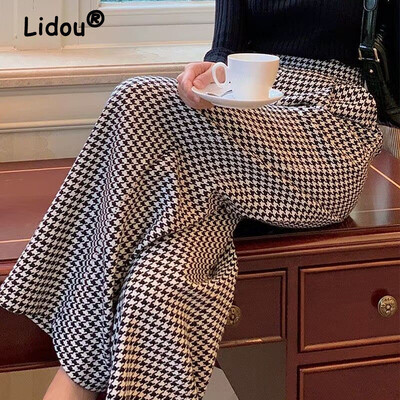 Iarna Femei Vintage Clasic Houndstooth Pânză de Lână Pantaloni drepti cu picioare late Pantaloni de costum largi cu talie înaltă de damă de birou eleganti