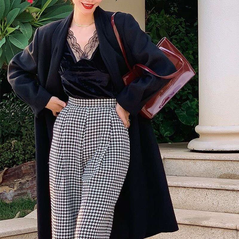 Zimné dámske vintage klasické vlnené plátené rovné nohavice so širokými nohavicami, elegantné kancelárske dámske nohavice s vysokým pásom, voľné oblekové nohavice