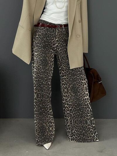 Naujos pavasario moteriškos retro leopardo rašto kelnės aukštu juosmeniu moterims 2024 m. madingi tiesūs gatvės drabužiai, laisvos plačios kelnės
