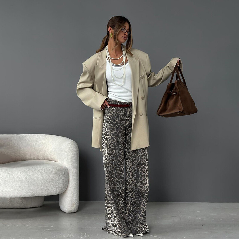 Naujos pavasario moteriškos retro leopardo rašto kelnės aukštu juosmeniu moterims 2024 m. madingi tiesūs gatvės drabužiai, laisvos plačios kelnės
