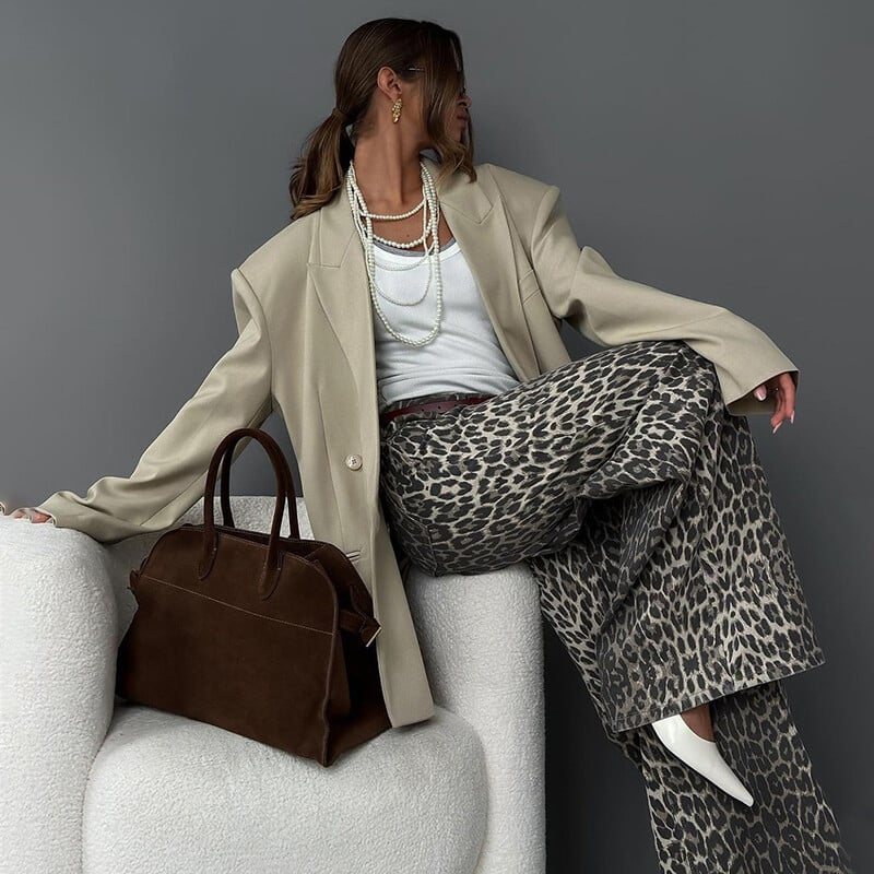 Naujos pavasario moteriškos retro leopardo rašto kelnės aukštu juosmeniu moterims 2024 m. madingi tiesūs gatvės drabužiai, laisvos plačios kelnės