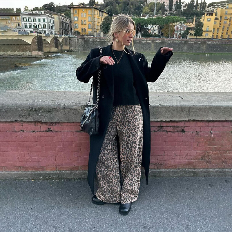 Naujos pavasario moteriškos retro leopardo rašto kelnės aukštu juosmeniu moterims 2024 m. madingi tiesūs gatvės drabužiai, laisvos plačios kelnės