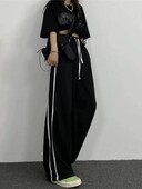 Zoki Streetwear Voľné pruhované čierne nohavice Dámske tepláky s vysokým pásom, ležérne, kórejské, preppy štýl, študentské elegantné nohavice so širokými nohavicami