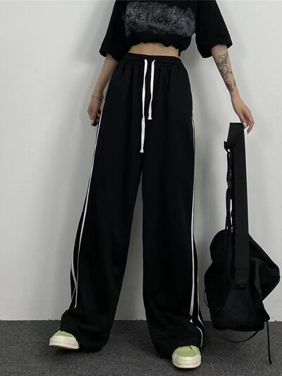 Zoki Streetwear Voľné pruhované čierne nohavice Dámske tepláky s vysokým pásom, ležérne, kórejské, preppy štýl, študentské elegantné nohavice so širokými nohavicami