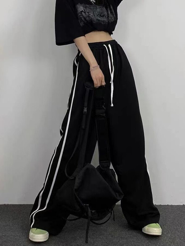 Zoki Streetwear Voľné pruhované čierne nohavice Dámske tepláky s vysokým pásom, ležérne, kórejské, preppy štýl, študentské elegantné nohavice so širokými nohavicami