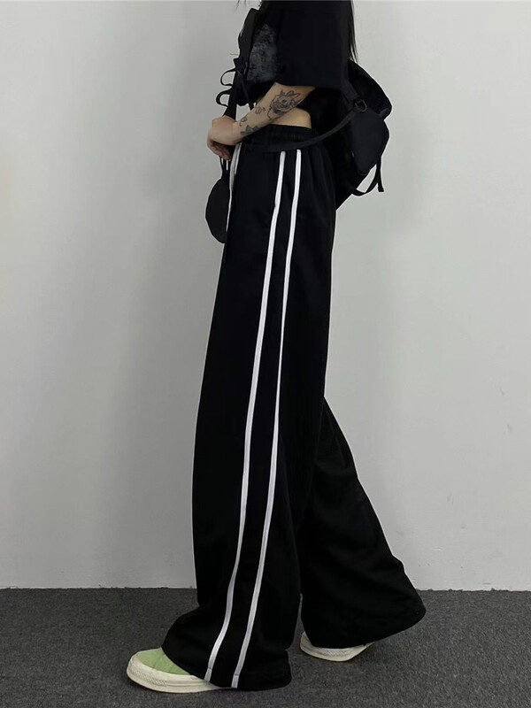 Zoki Streetwear Voľné pruhované čierne nohavice Dámske tepláky s vysokým pásom, ležérne, kórejské, preppy štýl, študentské elegantné nohavice so širokými nohavicami