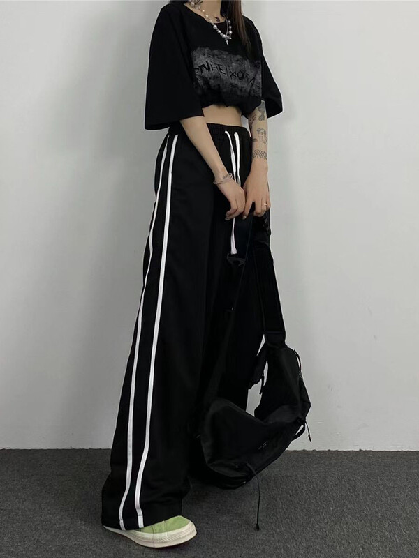 Zoki Streetwear Voľné pruhované čierne nohavice Dámske tepláky s vysokým pásom, ležérne, kórejské, preppy štýl, študentské elegantné nohavice so širokými nohavicami