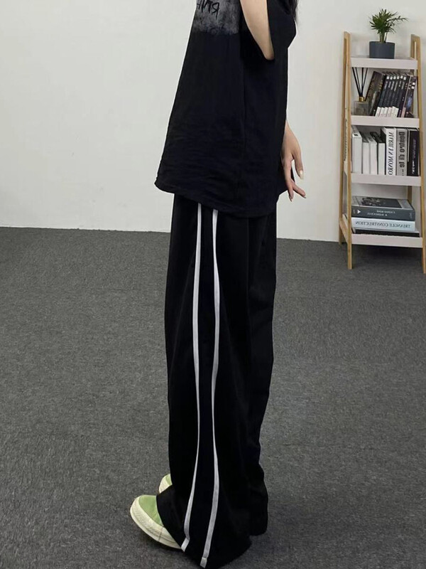 Zoki Streetwear Voľné pruhované čierne nohavice Dámske tepláky s vysokým pásom, ležérne, kórejské, preppy štýl, študentské elegantné nohavice so širokými nohavicami