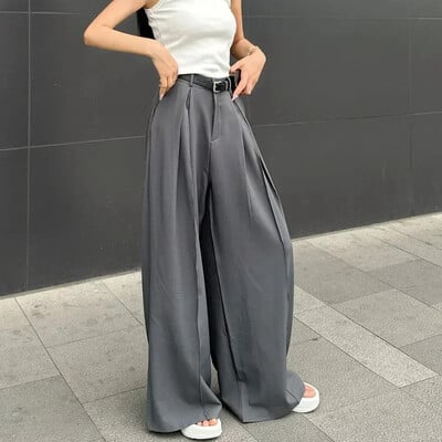 QWEEK Baggy Casual Sivé oblekové nohavice Dámske kórejské módne klasické kancelárske dámske široké nohavice s vysokým pásom Základné nohavice