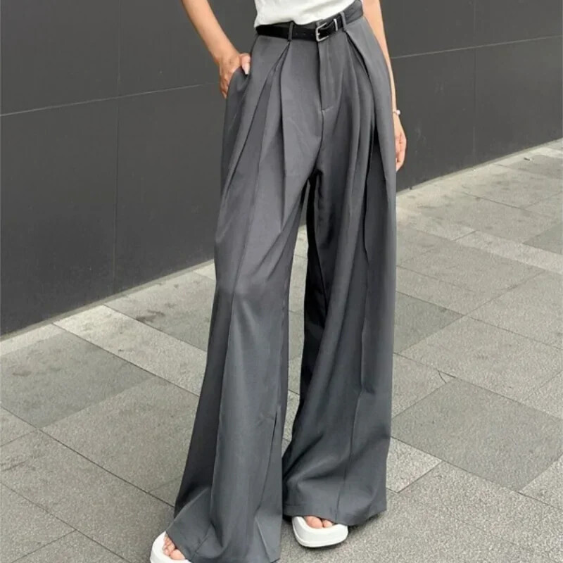 QWEEK Baggy Casual Sivé oblekové nohavice Dámske kórejské módne klasické kancelárske dámske široké nohavice s vysokým pásom Základné nohavice