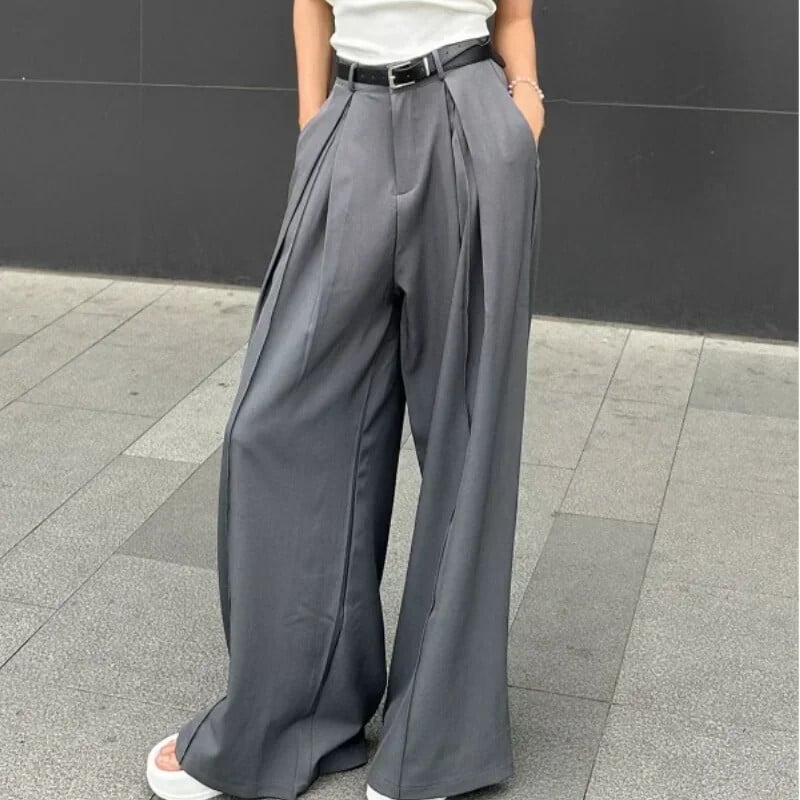 QWEEK Baggy Casual Sivé oblekové nohavice Dámske kórejské módne klasické kancelárske dámske široké nohavice s vysokým pásom Základné nohavice